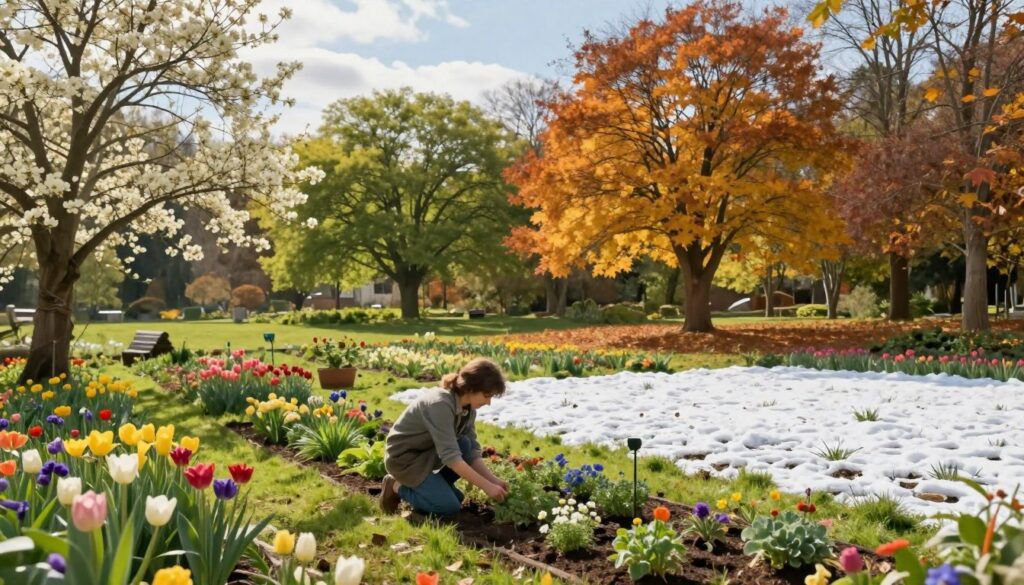 A serene landscape illustrating the concept of seasonal living, featuring four distinct areas representing each season: spring's vibrant flowers and budding trees in the foreground, summer's lush greenery and sunny skies in the middle, autumn's warm hues of falling leaves in the background, and winter's tranquil snow-covered ground. Include a person in modest casual clothing, gently tending to a small herb garden in the forefront, symbolizing sustainability and connection to nature. Soft, natural lighting creates a warm and inviting atmosphere, enhancing the sense of harmony with the natural world. Use a wide-angle lens to capture the breadth of this seasonal landscape, evoking a feeling of peace and balance. A serene landscape illustrating the concept of seasonal living, featuring four distinct areas representing each season: spring's vibrant flowers and budding trees in the foreground, summer's lush greenery and sunny skies in the middle, autumn's warm hues of falling leaves in the background, and winter's tranquil snow-covered ground. Include a person in modest casual clothing, gently tending to a small herb garden in the forefront, symbolizing sustainability and connection to nature. Soft, natural lighting creates a warm and inviting atmosphere, enhancing the sense of harmony with the natural world. Use a wide-angle lens to capture the breadth of this seasonal landscape, evoking a feeling of peace and balance.