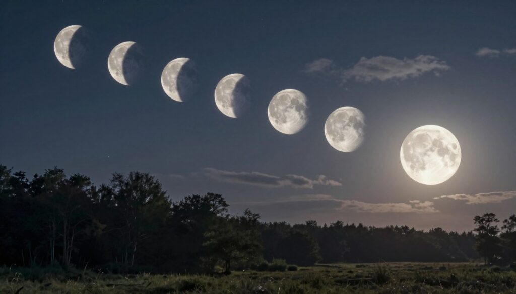 A serene landscape illustrating the lunar cycle's phases, showcasing the full moon in the foreground, glowing brightly against the night sky. Transitioning into the middle ground, a gradual fade of the moon's phases from waxing crescent to gibbous, depicting their subtle changes in light. The background features a tranquil, starry sky with faint clouds drifting, enhancing the sense of calm and contemplation. Soft, silvery moonlight bathes a peaceful forest scene, with shadows gently cast by the moonlight, conveying a tranquil and productive atmosphere. The overall mood should evoke inspiration and clarity, captured at a wide angle to emphasize the beauty and harmony of nature under the lunar influences. Natural color palette with soft, cool tones enhances the calmness of the environment.