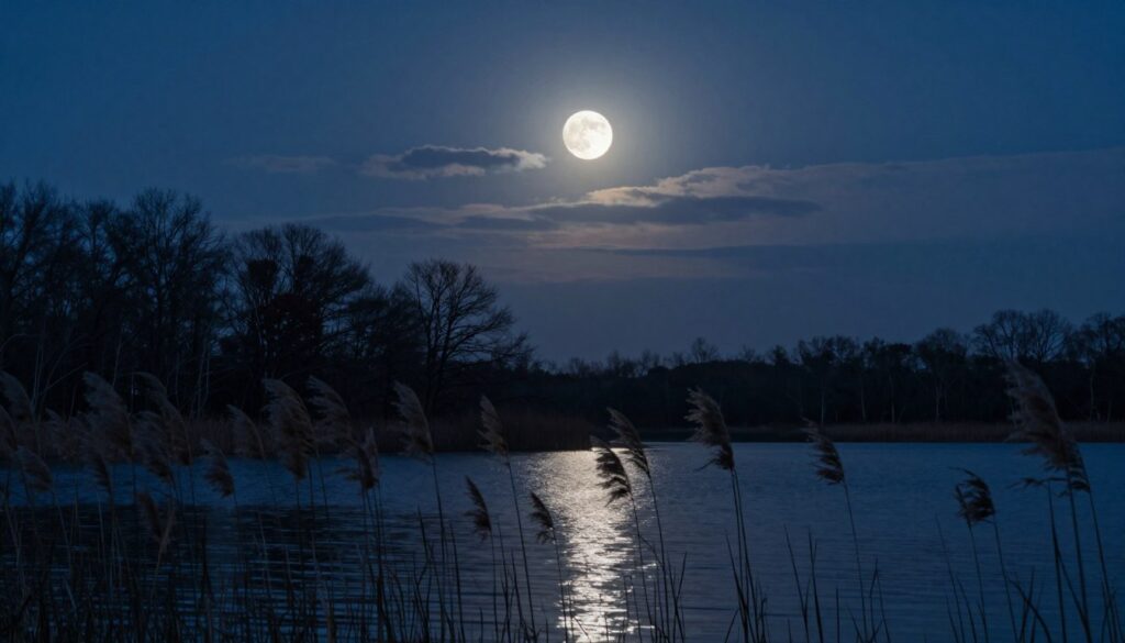 A serene landscape scene depicting a waning moon gracefully positioned in a night sky, casting a soft, silvery light over a tranquil lake. In the foreground, delicate reeds sway gently, reflecting the moon's light on the water's surface. The middle ground showcases a peaceful forest silhouette, with trees that have lost some leaves, symbolizing the theme of letting go. In the background, subtle clouds enhance the celestial atmosphere, tinged with shades of navy and indigo, creating a sense of deep contemplation. The lighting is gentle, with a focus on the moonlight creating a calming glow. The atmosphere feels reflective and peaceful, inviting viewers to embrace the release of what no longer serves them. Capture this scene from a low angle, emphasizing the beauty of the moon above the serene landscape.