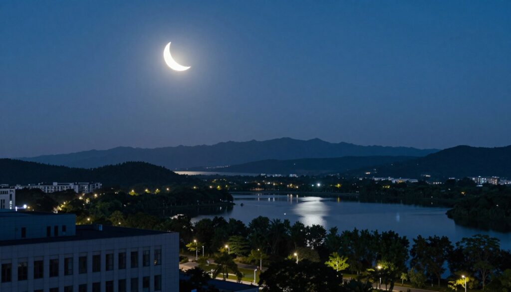 A serene landscape showcasing a new moon glowing softly in a clear night sky, its crescent shape symbolizing new beginnings. In the foreground, a subtle silhouette of an office building hints at business aspirations. The middle ground features a calm lake reflecting the moonlight, surrounded by lush trees, embodying growth and opportunity. The background reveals distant mountains under a starry sky, creating a sense of calm and inspiration. The scene is illuminated by soft, natural lighting that casts gentle shadows, enhancing the tranquil atmosphere. Capture the image from a slightly elevated angle, creating a panoramic view that invites viewers into the moment. The overall mood is peaceful, hopeful, and promising, emphasizing the theme of new ventures and fresh starts.