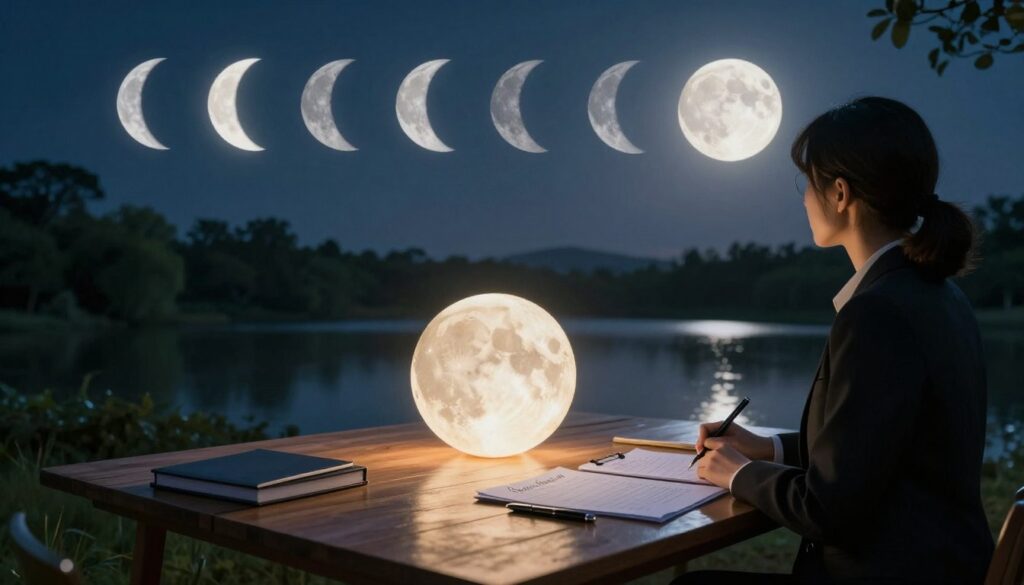 A serene landscape showcasing the lunar cycles over a peaceful night sky, transitioning from the new moon to a full moon. In the foreground, a person dressed in professional business attire stands at a wooden table covered with goal-setting materials, such as journals and pens, reflecting deep contemplation and planning. The middle ground features a softly glowing, large full moon illuminating the table and the surrounding area, casting gentle shadows. The background includes a tranquil nature scene with lush trees and a calm lake, mirroring the moonlight. Soft, warm lighting creates a reflective and inspiring atmosphere, emphasizing the connection between personal goals and the natural rhythms of lunar cycles. The angle is slightly elevated to capture the entire scene, enhancing the sense of depth and serenity. A serene landscape showcasing the lunar cycles over a peaceful night sky, transitioning from the new moon to a full moon. In the foreground, a person dressed in professional business attire stands at a wooden table covered with goal-setting materials, such as journals and pens, reflecting deep contemplation and planning. The middle ground features a softly glowing, large full moon illuminating the table and the surrounding area, casting gentle shadows. The background includes a tranquil nature scene with lush trees and a calm lake, mirroring the moonlight. Soft, warm lighting creates a reflective and inspiring atmosphere, emphasizing the connection between personal goals and the natural rhythms of lunar cycles. The angle is slightly elevated to capture the entire scene, enhancing the sense of depth and serenity.