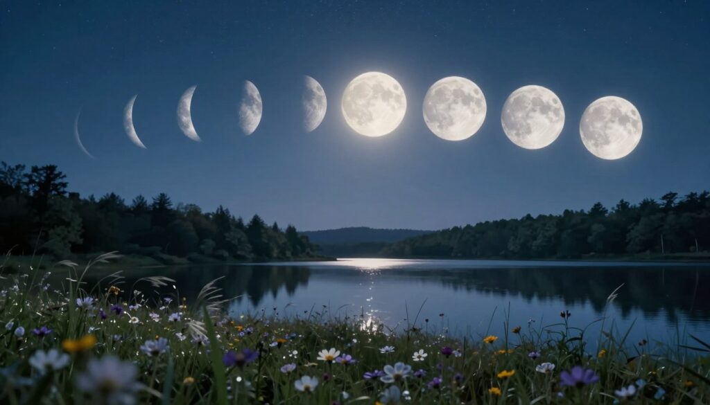 A serene landscape showing the eight phases of the moon in a circular formation, transitioning from a dark new moon to a bright full moon, each phase depicted with soft, glowing light. In the foreground, delicate wildflowers gently sway in a breeze, illuminated by the moonlight, symbolizing nature's rhythms. In the middle ground, a tranquil lake reflects the moon phases, creating a mirror-like quality that enhances the sense of harmony. The background features a softly lit forest silhouette under a starry sky, evoking a sense of calm and wonder. Use a wide-angle perspective to capture the expansive sky, with cool blue and silver hues to create a mystical atmosphere. The overall mood is peaceful, inviting contemplation of natural cycles and their impact on well-being.