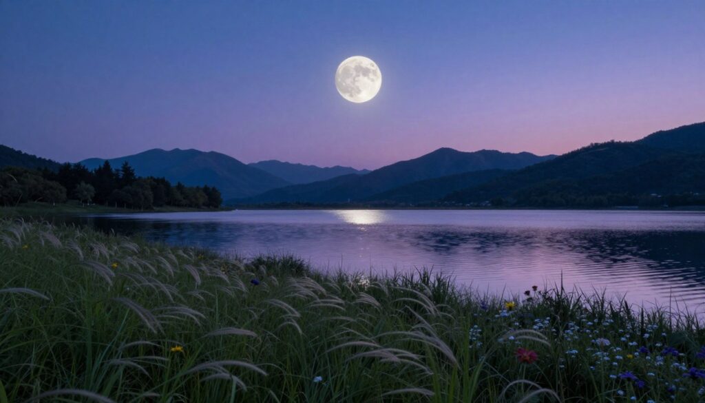 A serene landscape under a Last Quarter Moon, casting a soft, silvery glow over a tranquil setting. In the foreground, lush grass sways gently in a light breeze, dotted with delicate wildflowers. Midground features a calm lake reflecting the moonlight, creating ripples that shimmer across its surface. In the background, silhouettes of distant mountains rise against a twilight sky, painted in deep blues and soft purples. The overall atmosphere is peaceful and introspective, inviting a sense of rest and recharge. Soft lighting enhances the dreamy quality, and a wide-angle perspective captures the expansiveness of the scene, emphasizing the beauty and serenity of this moon phase. A serene landscape under a Last Quarter Moon, casting a soft, silvery glow over a tranquil setting. In the foreground, lush grass sways gently in a light breeze, dotted with delicate wildflowers. Midground features a calm lake reflecting the moonlight, creating ripples that shimmer across its surface. In the background, silhouettes of distant mountains rise against a twilight sky, painted in deep blues and soft purples. The overall atmosphere is peaceful and introspective, inviting a sense of rest and recharge. Soft lighting enhances the dreamy quality, and a wide-angle perspective captures the expansiveness of the scene, emphasizing the beauty and serenity of this moon phase.