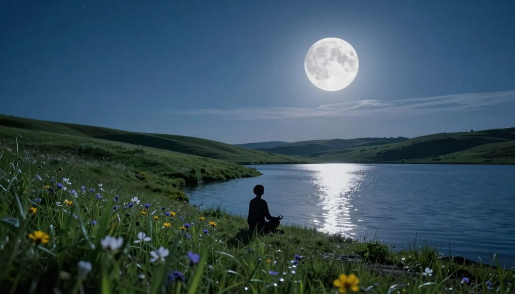 A serene landscape under a Waxing Gibbous Moon, glowing in soft silvery-blue light. In the foreground, gentle rolling hills adorned with lush green grass and clusters of wildflowers, their petals catching the moonlight. A calm lake reflects the moon's luminous presence, rippling softly with the wind. In the middle ground, a silhouette of a person practicing gratitude, sitting cross-legged on the shore, hands resting on their knees in a peaceful meditation pose. The background reveals a starlit sky filled with twinkling stars, creating a tranquil atmosphere. The scene is bathed in a soft, ethereal glow, evoking a sense of calm, introspection, and appreciation. Use a wide-angle lens to capture the expansive beauty of the night sky and moonlit landscape. The overall mood should be tranquil and uplifting, emphasizing connection with nature and the practice of gratitude. A serene landscape under a Waxing Gibbous Moon, glowing in soft silvery-blue light. In the foreground, gentle rolling hills adorned with lush green grass and clusters of wildflowers, their petals catching the moonlight. A calm lake reflects the moon's luminous presence, rippling softly with the wind. In the middle ground, a silhouette of a person practicing gratitude, sitting cross-legged on the shore, hands resting on their knees in a peaceful meditation pose. The background reveals a starlit sky filled with twinkling stars, creating a tranquil atmosphere. The scene is bathed in a soft, ethereal glow, evoking a sense of calm, introspection, and appreciation. Use a wide-angle lens to capture the expansive beauty of the night sky and moonlit landscape. The overall mood should be tranquil and uplifting, emphasizing connection with nature and the practice of gratitude.
