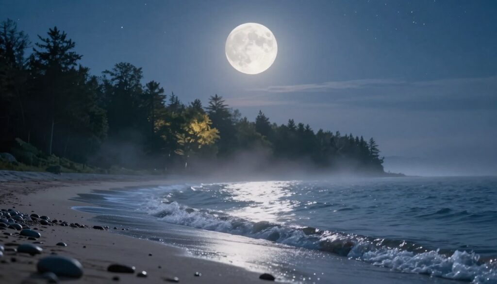 A serene landscape under a bright waning gibbous moon, illuminating a tranquil, reflective scene. In the foreground, gentle waves lap at a sandy shore, dotted with smooth pebbles, suggesting a peaceful retreat. The middle ground features a soft, misty forest with hints of light filtering through the trees, creating a sense of calm and introspection. The background showcases a sky filled with twinkling stars, which adds depth and a touch of magic to the night scene. The atmosphere is tranquil and reflective, inviting viewers into a space of surrender and contemplation. Soft, ethereal lighting enhances the mood, with a focus on the moon's luminous glow, creating a serene and soothing environment for inner child work. A serene landscape under a bright waning gibbous moon, illuminating a tranquil, reflective scene. In the foreground, gentle waves lap at a sandy shore, dotted with smooth pebbles, suggesting a peaceful retreat. The middle ground features a soft, misty forest with hints of light filtering through the trees, creating a sense of calm and introspection. The background showcases a sky filled with twinkling stars, which adds depth and a touch of magic to the night scene. The atmosphere is tranquil and reflective, inviting viewers into a space of surrender and contemplation. Soft, ethereal lighting enhances the mood, with a focus on the moon's luminous glow, creating a serene and soothing environment for inner child work.