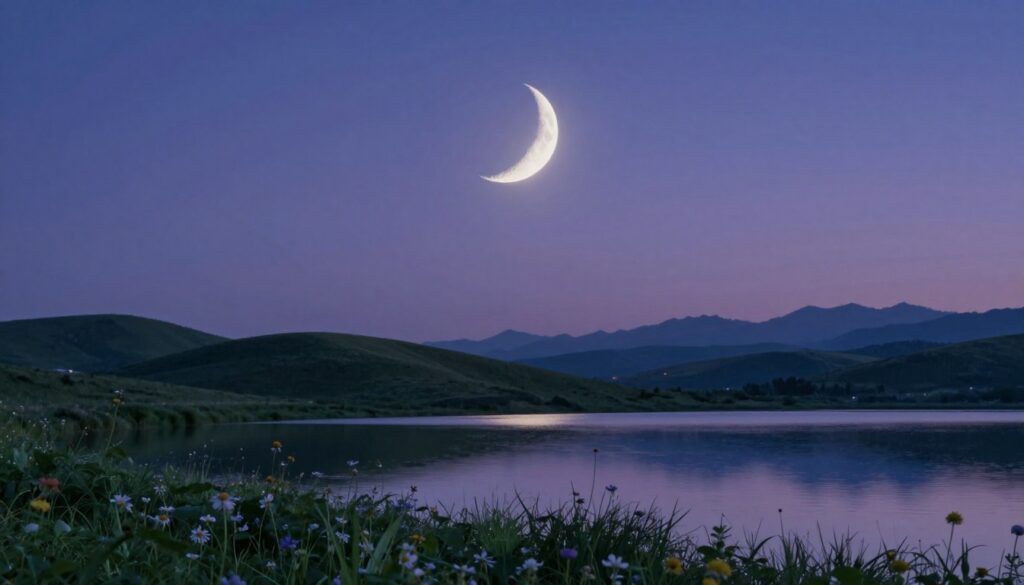 A serene landscape under a deep indigo sky featuring the waxing crescent moon, hanging low on the horizon, casting a gentle silvery light over a tranquil lake. In the foreground, lush greenery reflects softly in the water, while delicate wildflowers bloom, symbolizing new beginnings. The middle ground displays gentle hills that accentuate the crescent moon's glow. In the background, faint silhouettes of distant mountains rise against the twilight, giving depth to the atmosphere. Soft, diffused lighting enhances the dreamlike quality, with the moonlight creating a calm and introspective ambiance, perfect for self-reflection. The overall mood is peaceful, evoking a sense of hope and renewal, ideal for contemplation during this lunar phase.