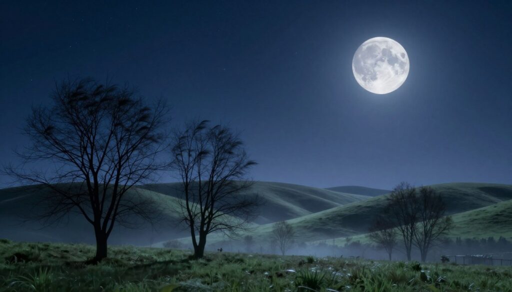 A serene landscape under a deep indigo sky, showcasing the essence of new moon energy. In the foreground, delicate silhouettes of bare trees, their branches gently swaying, evoke a sense of calm. The middle ground features rolling hills bathed in soft moonlight, casting a tranquil glow over lush greenery. In the background, a starry sky dotted with twinkling stars gradually fades from the shimmering darkness of the new moon. Use ethereal lighting that enhances the dreamy atmosphere, with a slight mist covering the ground to symbolize reflection and intention. The scene is captured from a low angle, emphasizing the vastness above and inviting the viewer into a moment of quiet contemplation, embodying the hopeful spirit of new beginnings. A serene landscape under a deep indigo sky, showcasing the essence of new moon energy. In the foreground, delicate silhouettes of bare trees, their branches gently swaying, evoke a sense of calm. The middle ground features rolling hills bathed in soft moonlight, casting a tranquil glow over lush greenery. In the background, a starry sky dotted with twinkling stars gradually fades from the shimmering darkness of the new moon. Use ethereal lighting that enhances the dreamy atmosphere, with a slight mist covering the ground to symbolize reflection and intention. The scene is captured from a low angle, emphasizing the vastness above and inviting the viewer into a moment of quiet contemplation, embodying the hopeful spirit of new beginnings.