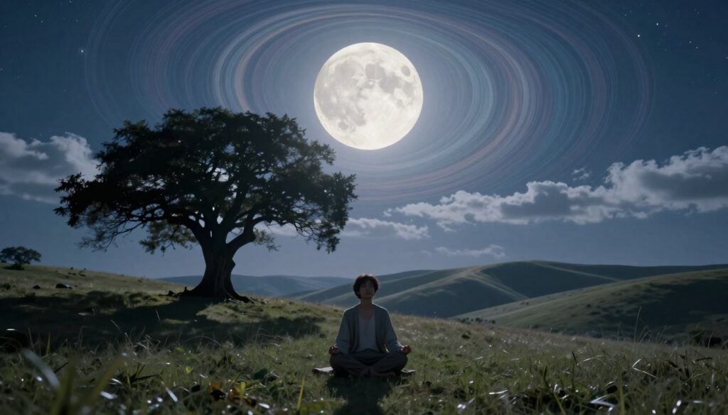 A serene landscape under a glowing full moon, where the lunar cycles are depicted through vibrant, swirling patterns in the sky. In the foreground, a tranquil person sits cross-legged on a grassy hill, dressed in modest casual clothing, meditating as they connect with lunar rhythms. Their expression is peaceful and contemplative. In the middle ground, a silhouette of a large, ancient tree, its branches gently swaying, reflecting the light of the moon. The background features rolling hills bathed in soft, silvery moonlight, with delicate clouds drifting past the moon. The atmosphere is calm and reflective, evoking a sense of patience and harmony, with stars twinkling brightly in the night sky. Use soft, ethereal lighting and a wide-angle lens perspective to enhance the dreamlike quality.
