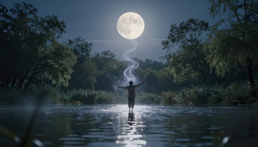 A serene landscape under a luminous full moon, casting a silver glow across a tranquil lake. In the foreground, silhouettes of gentle waves ripple, reflecting the moonlight. The middle ground features a figure in modest casual clothing, arms outstretched, releasing streams of shimmering, ethereal energy that swirl and dance upward towards the moon. The background showcases tall trees gently swaying in a soft breeze, with starry skies stretching above, enhancing the atmospheric depth. The scene is bathed in a calm, mystical ambiance, with a soft focus effect to emphasize the feeling of tranquility and release. The lighting is soft and diffused, creating a soothing, ethereal quality that embodies the spirit of culmination and emotional liberation associated with the full moon.