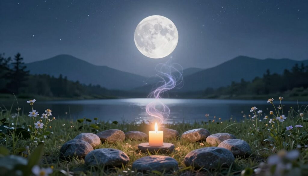 A serene landscape under a radiant supermoon, casting a gentle silver glow over a tranquil lake. In the foreground, an elegant circle of stones surrounds a flickering candle, symbolizing intention-setting. Soft, ethereal wisps of light rise from the candle, intertwining with lunar energy, creating a visual representation of amplification. The mid-ground features lush greenery, dotted with delicate wildflowers illuminated by the moonlight. In the background, a silhouette of majestic mountains under a starry sky adds depth, emphasizing the vastness of the universe. The scene exudes a peaceful, meditative atmosphere, enhanced by soft white and pastel blue lighting. The image should evoke feelings of calmness and connection to nature, inviting viewers to embrace their intentions in harmony with lunar energy. A serene landscape under a radiant supermoon, casting a gentle silver glow over a tranquil lake. In the foreground, an elegant circle of stones surrounds a flickering candle, symbolizing intention-setting. Soft, ethereal wisps of light rise from the candle, intertwining with lunar energy, creating a visual representation of amplification. The mid-ground features lush greenery, dotted with delicate wildflowers illuminated by the moonlight. In the background, a silhouette of majestic mountains under a starry sky adds depth, emphasizing the vastness of the universe. The scene exudes a peaceful, meditative atmosphere, enhanced by soft white and pastel blue lighting. The image should evoke feelings of calmness and connection to nature, inviting viewers to embrace their intentions in harmony with lunar energy.