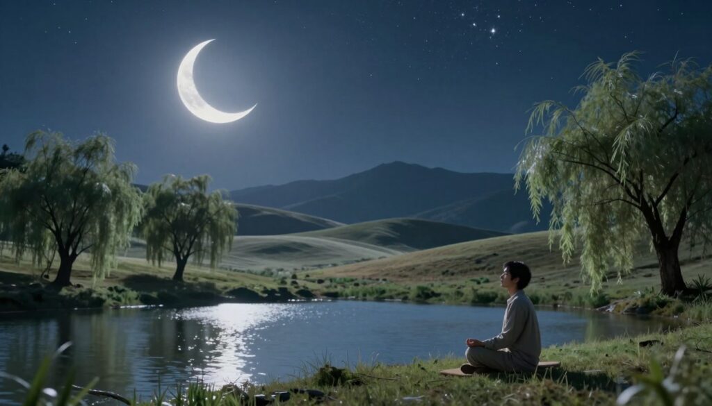 A serene landscape under a waxing crescent moon, casting soft, silvery light over peaceful rolling hills. In the foreground, a tranquil lake reflects the moonlight, surrounded by gentle willow trees that sway softly in a light breeze. The middle ground features a solitary figure, dressed in modest casual clothing, sitting cross-legged on the grassy bank, meditating with eyes gently closed, embodying a sense of calm and introspection. In the background, a starry night sky filled with twinkling stars emphasizes the moon’s beauty, while distant mountains create a sense of depth. The atmosphere is tranquil and serene, evoking feelings of emotional healing and restorative energy, with soft, cool lighting that adds a calming effect. A serene landscape under a waxing crescent moon, casting soft, silvery light over peaceful rolling hills. In the foreground, a tranquil lake reflects the moonlight, surrounded by gentle willow trees that sway softly in a light breeze. The middle ground features a solitary figure, dressed in modest casual clothing, sitting cross-legged on the grassy bank, meditating with eyes gently closed, embodying a sense of calm and introspection. In the background, a starry night sky filled with twinkling stars emphasizes the moon’s beauty, while distant mountains create a sense of depth. The atmosphere is tranquil and serene, evoking feelings of emotional healing and restorative energy, with soft, cool lighting that adds a calming effect.