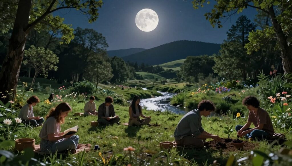 A serene landscape under a waxing moon, casting a soft, silvery glow across a tranquil forest clearing. In the foreground, a diverse group of individuals in modest casual clothing are engaged in various activities symbolizing personal growth: a woman journaling, a man meditating, and another person planting seeds in the ground. The middle ground features lush, vibrant greenery, with blooming flowers and a small stream reflecting the moonlight, while the background showcases silhouettes of rolling hills beneath a starry sky. The scene is illuminated by gentle, warm lighting, creating a peaceful and inspiring atmosphere. The angle is slightly elevated, providing a comprehensive view of the activities and the moon overhead, symbolizing the building momentum of personal development during the waxing phase of the moon. A serene landscape under a waxing moon, casting a soft, silvery glow across a tranquil forest clearing. In the foreground, a diverse group of individuals in modest casual clothing are engaged in various activities symbolizing personal growth: a woman journaling, a man meditating, and another person planting seeds in the ground. The middle ground features lush, vibrant greenery, with blooming flowers and a small stream reflecting the moonlight, while the background showcases silhouettes of rolling hills beneath a starry sky. The scene is illuminated by gentle, warm lighting, creating a peaceful and inspiring atmosphere. The angle is slightly elevated, providing a comprehensive view of the activities and the moon overhead, symbolizing the building momentum of personal development during the waxing phase of the moon.