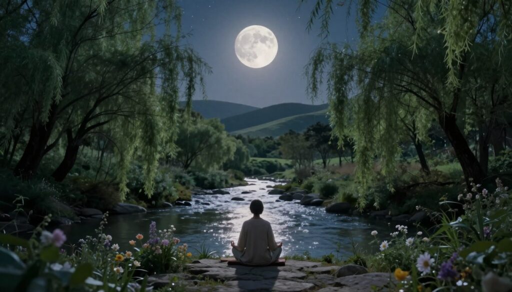 A serene landscape under the luminous Worm Moon, which casts a soft, ethereal glow over a tranquil forest scene. In the foreground, a meditative person dressed in modest casual attire sits cross-legged on a stony path, surrounded by delicate flowers and gentle foliage. The middle ground features a peaceful flowing stream with willow trees gently swaying, reflecting the moon's light. In the background, rolling hills fade into a starry sky, creating a celestial atmosphere. Soft, diffused moonlight illuminates the scene, emphasizing a sense of tranquility and spiritual preparation. Capture this moment with a wide-angle lens to enhance the expansive feeling of connection with nature, evoking a sense of calm and introspection as one prepares for the energies of the Worm Moon. A serene landscape under the luminous Worm Moon, which casts a soft, ethereal glow over a tranquil forest scene. In the foreground, a meditative person dressed in modest casual attire sits cross-legged on a stony path, surrounded by delicate flowers and gentle foliage. The middle ground features a peaceful flowing stream with willow trees gently swaying, reflecting the moon's light. In the background, rolling hills fade into a starry sky, creating a celestial atmosphere. Soft, diffused moonlight illuminates the scene, emphasizing a sense of tranquility and spiritual preparation. Capture this moment with a wide-angle lens to enhance the expansive feeling of connection with nature, evoking a sense of calm and introspection as one prepares for the energies of the Worm Moon.