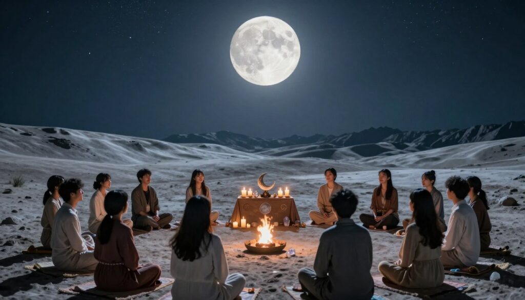 A serene lunar community scene portraying individuals engaging in moon observances under a bright full moon. In the foreground, a diverse group of people in modest, casual clothing stand in a circle, sharing stories and reflections, with gentle smiles on their faces. In the middle ground, there's an elegantly arranged altar with candles, crystals, and lunar-themed decorations, while a small fire emits warm, soft light. In the background, rolling lunar landscapes and distant mountains bathed in silver moonlight create a tranquil atmosphere. The sky is adorned with twinkling stars, enhancing the sense of peace and resilience. A cool color palette emphasizes the calming influence of the moon, capturing a sense of connection and community spirit in a magical, contemplative moment. A serene lunar community scene portraying individuals engaging in moon observances under a bright full moon. In the foreground, a diverse group of people in modest, casual clothing stand in a circle, sharing stories and reflections, with gentle smiles on their faces. In the middle ground, there's an elegantly arranged altar with candles, crystals, and lunar-themed decorations, while a small fire emits warm, soft light. In the background, rolling lunar landscapes and distant mountains bathed in silver moonlight create a tranquil atmosphere. The sky is adorned with twinkling stars, enhancing the sense of peace and resilience. A cool color palette emphasizes the calming influence of the moon, capturing a sense of connection and community spirit in a magical, contemplative moment.