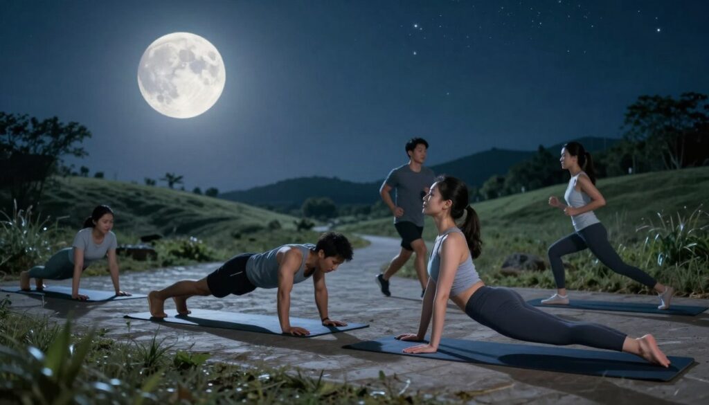 A serene lunar fitness scene during the waxing moon phase, showcasing a diverse group of individuals engaging in energizing workout routines under the gentle glow of the moonlight. In the foreground, a woman in modest activewear is practicing yoga, gracefully transitioning between poses. The middle ground features a man doing push-ups, while a couple is jogging together on a moonlit path, their expressions reflecting determination and harmony. The background reveals a starry sky with the waxing crescent moon, casting soft, silvery light on lush, gentle hills. The atmosphere is tranquil yet invigorating, with cool blue and soft white color tones. Utilize a wide-angle lens to capture the expansive night landscape, ensuring the lighting highlights the participants’ movements while creating an ethereal ambiance.
