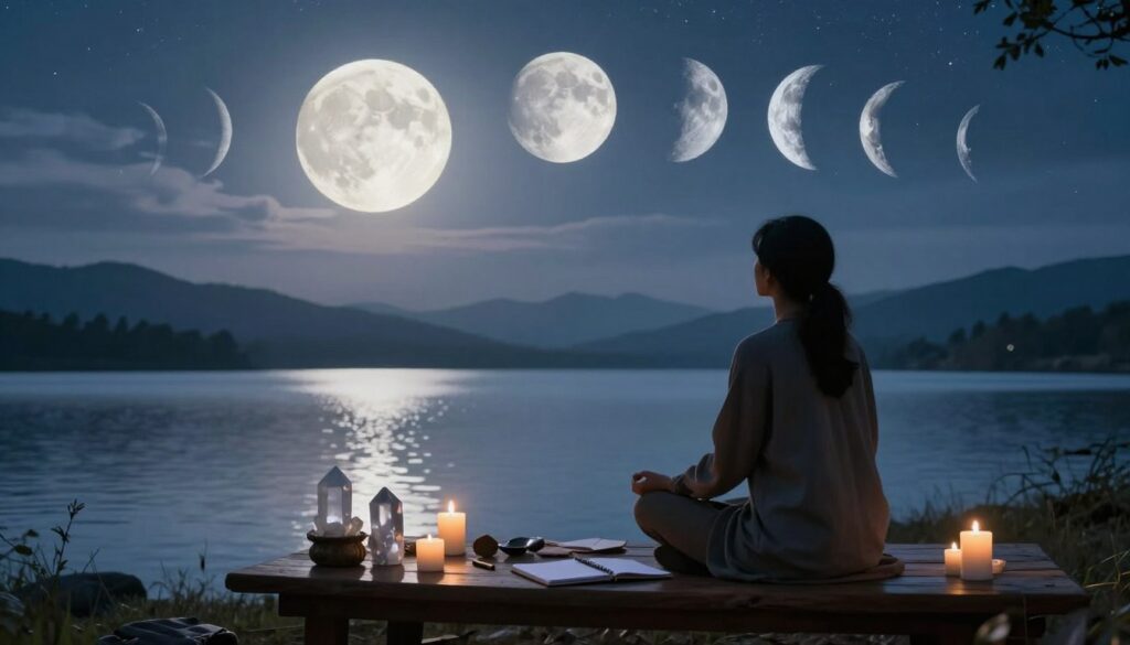 A serene lunar landscape at dusk, featuring a full moon casting soft, silvery light over a tranquil lake. In the foreground, a wooden table adorned with crystals, candles, and intention-setting materials, such as journals and pens. The middle ground showcases a silhouette of a person in comfortable yet professional clothing, sitting cross-legged, meditating and writing down goals. The background is framed by distant mountains under a starry sky, with various moon phases illustrated in the clouds. Ethereal lighting creates a calming atmosphere, evoking introspection and hope. The lens captures a slightly elevated view, focusing on both the moon and the person, imparting a sense of connection to the cosmos and alignment with the lunar cycle. A serene lunar landscape at dusk, featuring a full moon casting soft, silvery light over a tranquil lake. In the foreground, a wooden table adorned with crystals, candles, and intention-setting materials, such as journals and pens. The middle ground showcases a silhouette of a person in comfortable yet professional clothing, sitting cross-legged, meditating and writing down goals. The background is framed by distant mountains under a starry sky, with various moon phases illustrated in the clouds. Ethereal lighting creates a calming atmosphere, evoking introspection and hope. The lens captures a slightly elevated view, focusing on both the moon and the person, imparting a sense of connection to the cosmos and alignment with the lunar cycle.