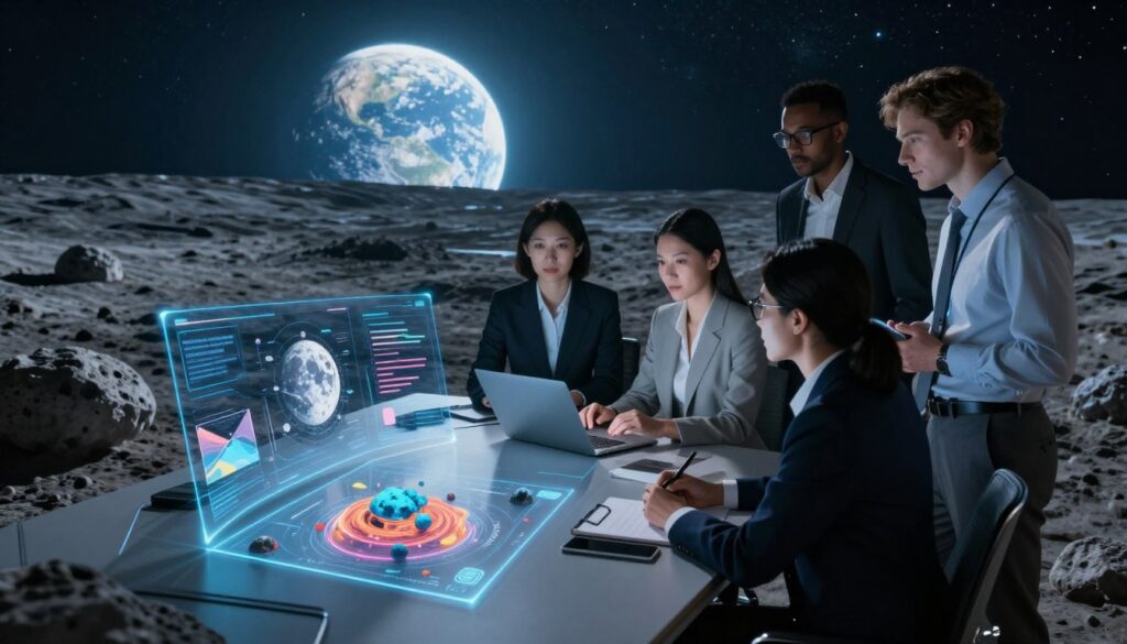 A serene lunar landscape at dusk, showcasing a professional team of three diverse individuals in business attire, engaged in brainstorming ideas for lunar content creation. In the foreground, a digital holographic display projects vibrant lunar landscape concepts and creative illustrations. The middle ground features a sleek, futuristic workspace with transparent screens and digital notepads, surrounded by moon rocks and craters. The background depicts a stunning view of Earth rising above the lunar horizon, casting a soft blue glow across the scene. Soft, ambient lighting illuminates the workspace, creating a focused yet inspiring atmosphere. Capture this scene from a slightly elevated angle to emphasize collaboration and innovation in a celestial setting.