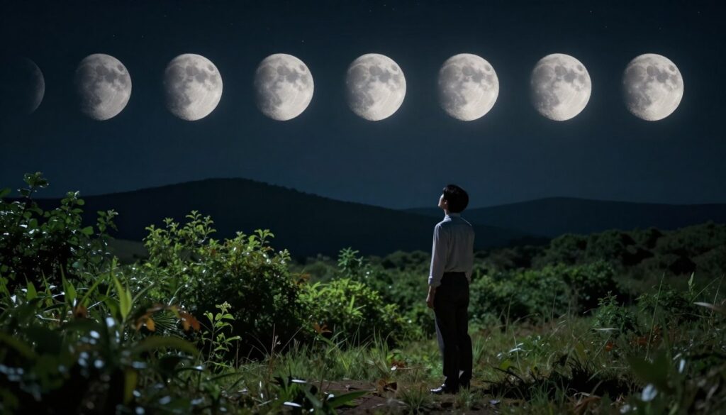 A serene lunar landscape depicting various phases of the moon in the night sky, casting soft, silvery light over a tranquil natural setting. In the foreground, a person in modest, professional attire stands gazing up at the moon, reflecting an air of contemplation. The middle ground features lush greenery illuminated by the moonlight, with shadows creating a sense of depth. The background showcases rolling hills silhouetted against a starry sky, enhancing the connection between the lunar cycles and nature. The scene is infused with a calm, reflective atmosphere, highlighting the moon’s influence on human behavior. The lighting is soft and ethereal, creating a peaceful and inspiring mood, captured from a slightly low angle to emphasize the grandeur of the lunar presence. A serene lunar landscape depicting various phases of the moon in the night sky, casting soft, silvery light over a tranquil natural setting. In the foreground, a person in modest, professional attire stands gazing up at the moon, reflecting an air of contemplation. The middle ground features lush greenery illuminated by the moonlight, with shadows creating a sense of depth. The background showcases rolling hills silhouetted against a starry sky, enhancing the connection between the lunar cycles and nature. The scene is infused with a calm, reflective atmosphere, highlighting the moon’s influence on human behavior. The lighting is soft and ethereal, creating a peaceful and inspiring mood, captured from a slightly low angle to emphasize the grandeur of the lunar presence.