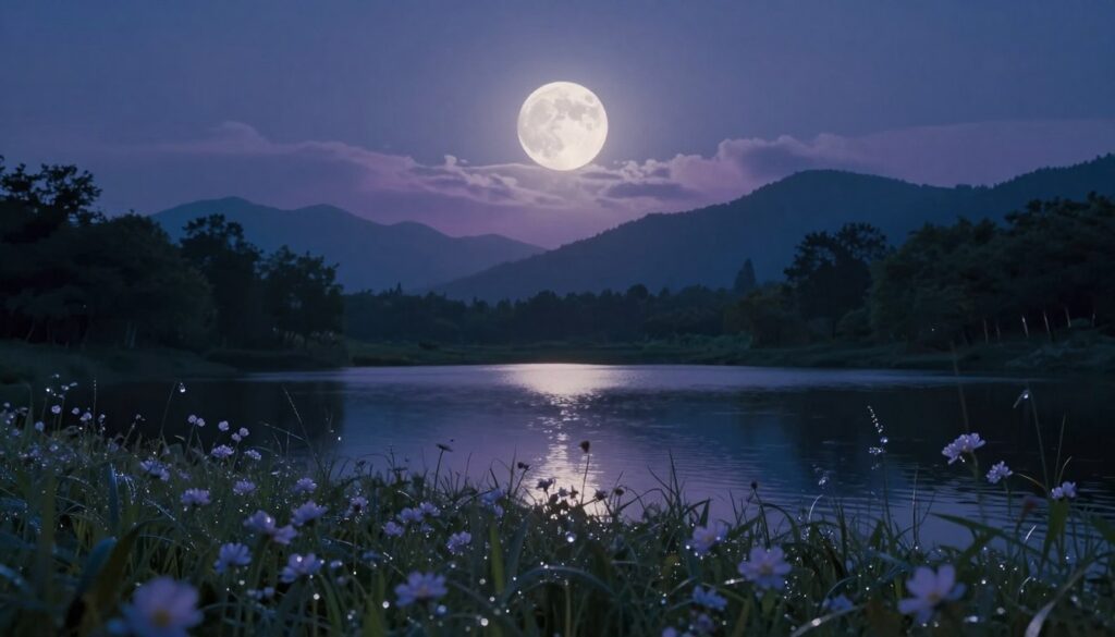 A serene lunar landscape illuminated by a glowing full moon, casting soft silver light over a tranquil scene. In the foreground, delicate wildflowers gently sway, their petals glistening with dew under the moonlight. The middle ground features a calm lake reflecting the dusted sky, surrounded by silhouetted, lush trees. In the background, distant mountains fade into the night, partially shrouded in wispy clouds. The atmosphere is peaceful and introspective, evoking feelings of contemplation and serenity. The image should have a cool color palette, with deeper blues and purples, creating a calming ambiance. Ahigh-resolution shot taken in an expansive view, capturing the ethereal beauty of the moonlit landscape to emphasize the theme of lunar intention. A serene lunar landscape illuminated by a glowing full moon, casting soft silver light over a tranquil scene. In the foreground, delicate wildflowers gently sway, their petals glistening with dew under the moonlight. The middle ground features a calm lake reflecting the dusted sky, surrounded by silhouetted, lush trees. In the background, distant mountains fade into the night, partially shrouded in wispy clouds. The atmosphere is peaceful and introspective, evoking feelings of contemplation and serenity. The image should have a cool color palette, with deeper blues and purples, creating a calming ambiance. Ahigh-resolution shot taken in an expansive view, capturing the ethereal beauty of the moonlit landscape to emphasize the theme of lunar intention.