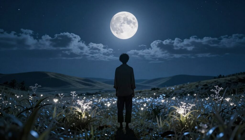 A serene lunar landscape illuminated by a radiant full moon casting a gentle glow across a tranquil night sky. In the foreground, a silhouette of a calm figure in modest casual clothing stands, gazing up at the moon, embodying contemplation and introspection. The middle ground features lush, glowing plants that seem to respond to the moon's energy, their leaves shimmering with soft, ethereal light. In the background, softly undulating hills roll under a starry sky, with clouds drifting lazily, reflecting moonlight. The atmosphere is peaceful and introspective, with a deep blue and silver color palette. The scene is framed with a slight upward angle, accentuating the vastness of the night sky, creating a sense of connection with lunar energy and its influence on human behavior. A serene lunar landscape illuminated by a radiant full moon casting a gentle glow across a tranquil night sky. In the foreground, a silhouette of a calm figure in modest casual clothing stands, gazing up at the moon, embodying contemplation and introspection. The middle ground features lush, glowing plants that seem to respond to the moon's energy, their leaves shimmering with soft, ethereal light. In the background, softly undulating hills roll under a starry sky, with clouds drifting lazily, reflecting moonlight. The atmosphere is peaceful and introspective, with a deep blue and silver color palette. The scene is framed with a slight upward angle, accentuating the vastness of the night sky, creating a sense of connection with lunar energy and its influence on human behavior.