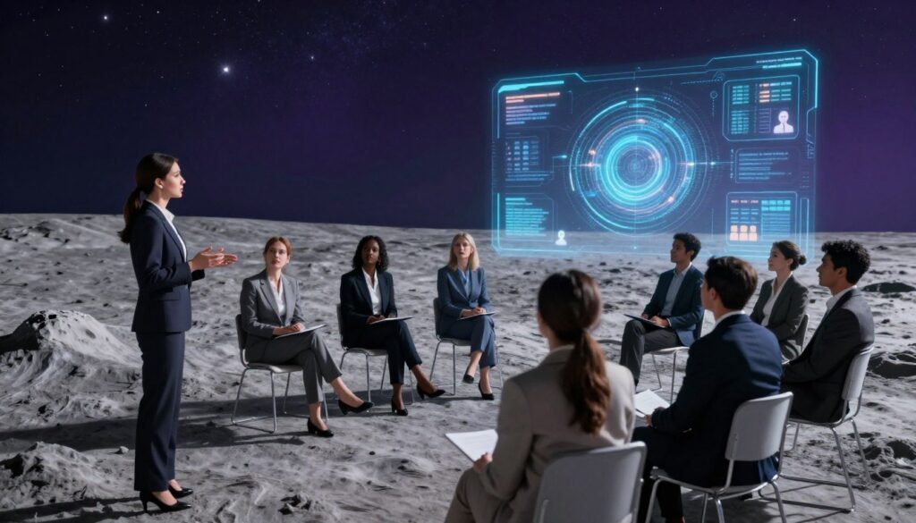A serene lunar landscape illuminated by soft, ethereal moonlight, showcasing a diverse group of professionals dressed in smart business attire gathered around a holographic display of swirling data and imagery representing various audience segments. In the foreground, a female presenter gestures towards the display, her expression focused and engaging. In the middle, a diverse group of attentive listeners, including individuals of various ethnicities and genders, actively participating in the discussion about defining target audiences for content strategy. The background features the rugged surface of the moon, dotted with glowing stars in a deep indigo sky, creating an atmosphere of innovation and exploration. The image should evoke a sense of collaboration, curiosity, and forward-thinking, captured with a wide-angle lens to emphasize the open dialogue.