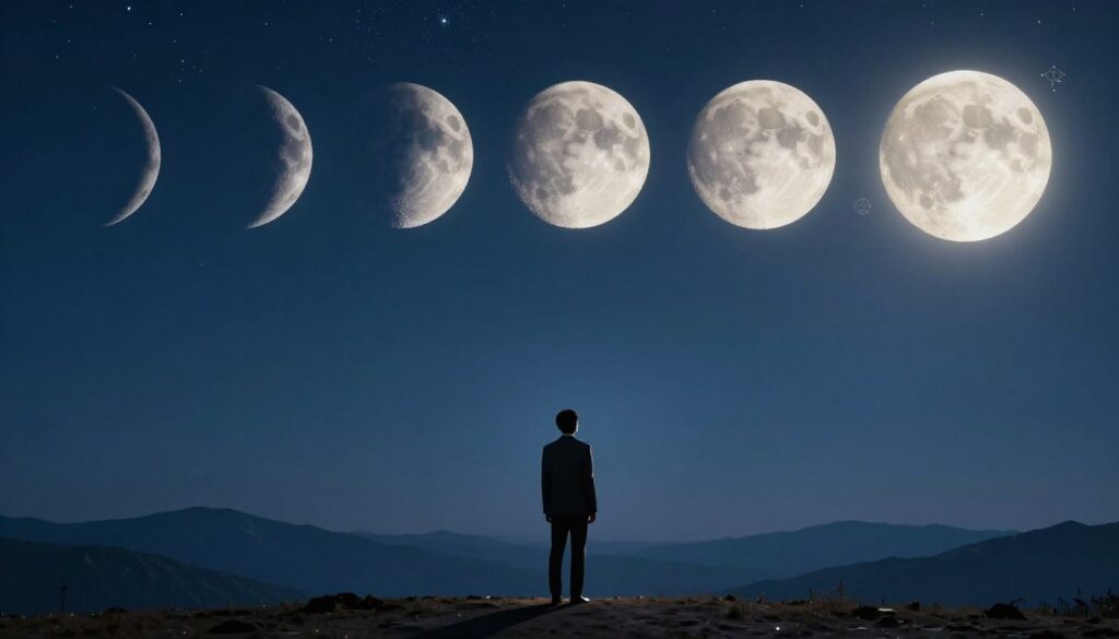 A serene lunar landscape showcasing the phases of the moon, each depicted with a gradient of soft light transitioning from the new moon to the full moon, symbolizing the lunar cycle. In the foreground, a person in professional attire stands contemplatively, gazing up at the luminous full moon, surrounded by delicate astrological symbols subtly integrated into the lunar glow. The middle ground features a tranquil, dark blue sky adorned with scattered stars, enhancing the celestial theme. In the background, a silhouette of distant mountains adds depth to the scene, evoking a sense of calm and introspection. The overall mood is peaceful and ethereal, with gentle, diffused lighting that highlights the mystical connection between the phases of the moon and cognitive function. A serene lunar landscape showcasing the phases of the moon, each depicted with a gradient of soft light transitioning from the new moon to the full moon, symbolizing the lunar cycle. In the foreground, a person in professional attire stands contemplatively, gazing up at the luminous full moon, surrounded by delicate astrological symbols subtly integrated into the lunar glow. The middle ground features a tranquil, dark blue sky adorned with scattered stars, enhancing the celestial theme. In the background, a silhouette of distant mountains adds depth to the scene, evoking a sense of calm and introspection. The overall mood is peaceful and ethereal, with gentle, diffused lighting that highlights the mystical connection between the phases of the moon and cognitive function.