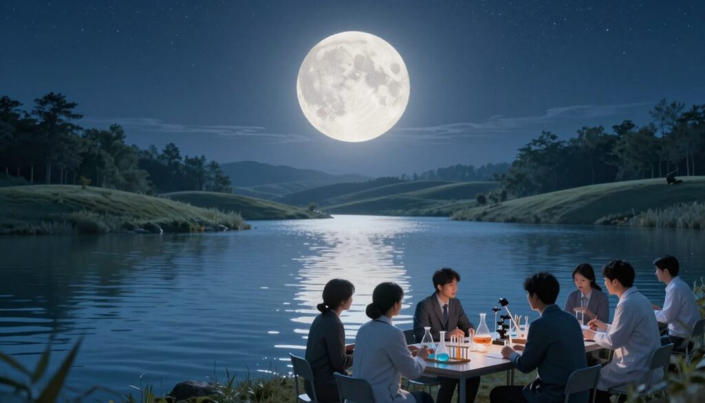 A serene lunar landscape under a starry sky, with a large, glowing full moon illuminating gentle, rippling waves in a calm body of water. In the foreground, a group of diverse individuals, dressed in professional attires, engage in a scientific discussion, observing the effects of moonlight on water. They are surrounded by tools like beakers and scientific instruments on a table, symbolizing research. The middle ground features soft, rolling hills reflecting the moon's light, enhancing the ethereal atmosphere. In the background, a dense forest rests quietly, creating a peaceful retreat. The lighting is soft and dreamy, with a bluish hue, emphasizing a tranquil yet inquisitive mood, perfect for exploring the connection between lunar rhythms and body water balance. A serene lunar landscape under a starry sky, with a large, glowing full moon illuminating gentle, rippling waves in a calm body of water. In the foreground, a group of diverse individuals, dressed in professional attires, engage in a scientific discussion, observing the effects of moonlight on water. They are surrounded by tools like beakers and scientific instruments on a table, symbolizing research. The middle ground features soft, rolling hills reflecting the moon's light, enhancing the ethereal atmosphere. In the background, a dense forest rests quietly, creating a peaceful retreat. The lighting is soft and dreamy, with a bluish hue, emphasizing a tranquil yet inquisitive mood, perfect for exploring the connection between lunar rhythms and body water balance.