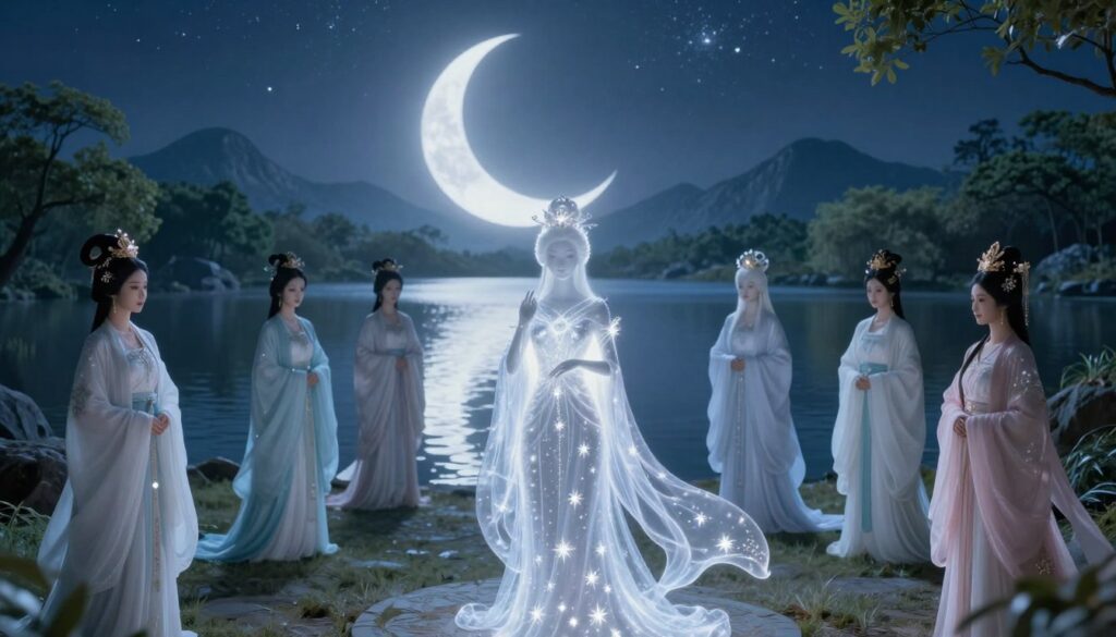 A serene lunar landscape with ethereal lunar deities from various mythologies, positioned harmoniously in the foreground. The central deity, inspired by Selene, glows with soft silvery light, wearing a flowing gown adorned with star motifs, her expression wise and tranquil. Surrounding her are other deities like Tsukuyomi and Chandra, each embodying their cultural essence through attire and features. In the middle ground, a crescent moon shines brightly, casting gentle light over a tranquil lake reflecting the starry sky. The background features distant mountains and lush trees, bathed in a soft blue hue. The scene is illuminated by a mystical, lunar glow, creating an enchanted atmosphere. The perspective is slightly elevated, offering a wide-angle view that captures all elements harmoniously, evoking a sense of calm awe and wonder. A serene lunar landscape with ethereal lunar deities from various mythologies, positioned harmoniously in the foreground. The central deity, inspired by Selene, glows with soft silvery light, wearing a flowing gown adorned with star motifs, her expression wise and tranquil. Surrounding her are other deities like Tsukuyomi and Chandra, each embodying their cultural essence through attire and features. In the middle ground, a crescent moon shines brightly, casting gentle light over a tranquil lake reflecting the starry sky. The background features distant mountains and lush trees, bathed in a soft blue hue. The scene is illuminated by a mystical, lunar glow, creating an enchanted atmosphere. The perspective is slightly elevated, offering a wide-angle view that captures all elements harmoniously, evoking a sense of calm awe and wonder.