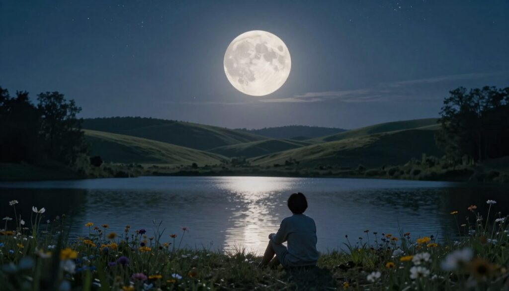 A serene moonlit landscape at dusk, featuring a large, luminous full moon hanging low in the night sky, casting a soft silver glow across a tranquil lake. In the foreground, a person in modest casual clothing sits on the bank, gazing thoughtfully at the moon's reflection on the water, surrounded by blooming wildflowers. The middle ground showcases gently rolling hills illuminated by moonlight, with silhouettes of distant trees framing the scene. In the background, a dark sky filled with twinkling stars enhances the mood of contemplation and introspection. Capture the scene with a gentle, diffused light to evoke a peaceful, reflective atmosphere, emphasizing the connection between lunar cycles and moments of self-reflection.