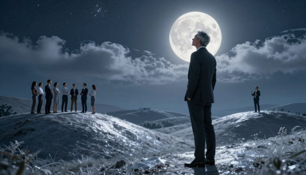 A serene moonlit landscape at night, focusing on a wise leader figure standing confidently in the foreground. The leader, dressed in professional business attire, gazes up at a glowing full moon surrounded by soft, ethereal clouds. The middle ground features gentle hills bathed in silvery moonlight, reflecting varied leadership styles—one hill with a group collaborating harmoniously, another with an individual speaking passionately. The background reveals a starry sky, enhancing the celestial theme. The lighting is soft with a tranquil blue and silver palette, creating a contemplative mood. The angle captures the leader in profile against the luminous moon, emphasizing their connection to lunar energy and its influence on personal leadership styles. A serene moonlit landscape at night, focusing on a wise leader figure standing confidently in the foreground. The leader, dressed in professional business attire, gazes up at a glowing full moon surrounded by soft, ethereal clouds. The middle ground features gentle hills bathed in silvery moonlight, reflecting varied leadership styles—one hill with a group collaborating harmoniously, another with an individual speaking passionately. The background reveals a starry sky, enhancing the celestial theme. The lighting is soft with a tranquil blue and silver palette, creating a contemplative mood. The angle captures the leader in profile against the luminous moon, emphasizing their connection to lunar energy and its influence on personal leadership styles.