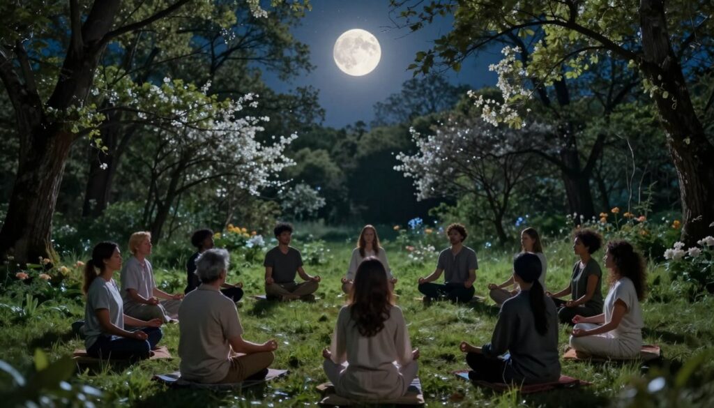 A serene moonlit landscape depicting a diverse group of people in a tranquil forest clearing, illuminated by the soft glow of a full moon. In the foreground, individuals of various ethnicities, dressed in modest casual clothing, are gathered in a circle, engaging in a meditative practice, their eyes closed, conveying a sense of unity and focus. In the middle ground, the subtle sway of trees and blooming flowers reflects the gentle influence of the moon on natural elements, with soft silver light casting delicate shadows across the scene. The background features a starry sky, creating a calm and ethereal atmosphere. The lighting is soft and ambient, showcasing a harmonious blend of nature and collective human energy under the lunar glow, evoking feelings of peace, connection, and introspection.
