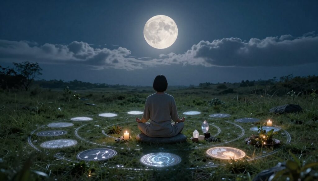 A serene moonlit landscape, showcasing a tranquil healing space aligned with the lunar cycle. In the foreground, a practitioner in modest casual clothing sits cross-legged on a smooth stone, meditating, surrounded by crystals and herbs, glowing softly under the moonlight. The middle ground features a mystical circle inscribed on the grass, embellished with shimmering silver symbols representing the lunar phases, merging with the natural surroundings. In the background, a full moon radiates a gentle light, illuminating wispy clouds that drift across a deep blue sky. The atmosphere exudes calmness and spiritual energy, enhanced by soft, ethereal lighting that creates a magical ambiance, inviting viewers to explore the connection between lunar cycles and energy healing practices. A serene moonlit landscape, showcasing a tranquil healing space aligned with the lunar cycle. In the foreground, a practitioner in modest casual clothing sits cross-legged on a smooth stone, meditating, surrounded by crystals and herbs, glowing softly under the moonlight. The middle ground features a mystical circle inscribed on the grass, embellished with shimmering silver symbols representing the lunar phases, merging with the natural surroundings. In the background, a full moon radiates a gentle light, illuminating wispy clouds that drift across a deep blue sky. The atmosphere exudes calmness and spiritual energy, enhanced by soft, ethereal lighting that creates a magical ambiance, inviting viewers to explore the connection between lunar cycles and energy healing practices.