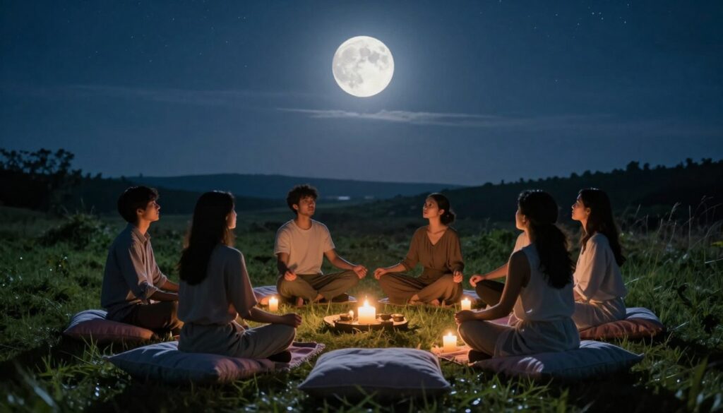 A serene moonlit outdoor scene depicting a small, intimate gathering for a moon ceremony. In the foreground, a beautifully arranged circle of soft, pastel blankets and cushions sits on lush grass, inviting participants to sit comfortably. In the middle ground, a diverse group of four individuals dressed in modest, casual clothing, focused and serene, hold hands and gaze upwards, deep in reflection. Soft, ambient candlelight illuminates their faces, creating a warm, welcoming atmosphere. The background showcases a luminous full moon overhead, casting gentle silver rays across the landscape, mixed with twinkling stars in a deep indigo sky. The overall mood is peaceful and introspective, emphasizing connection with nature and intention-setting. The scene captures the essence of community and mindfulness without any distractions or modern elements. A serene moonlit outdoor scene depicting a small, intimate gathering for a moon ceremony. In the foreground, a beautifully arranged circle of soft, pastel blankets and cushions sits on lush grass, inviting participants to sit comfortably. In the middle ground, a diverse group of four individuals dressed in modest, casual clothing, focused and serene, hold hands and gaze upwards, deep in reflection. Soft, ambient candlelight illuminates their faces, creating a warm, welcoming atmosphere. The background showcases a luminous full moon overhead, casting gentle silver rays across the landscape, mixed with twinkling stars in a deep indigo sky. The overall mood is peaceful and introspective, emphasizing connection with nature and intention-setting. The scene captures the essence of community and mindfulness without any distractions or modern elements.