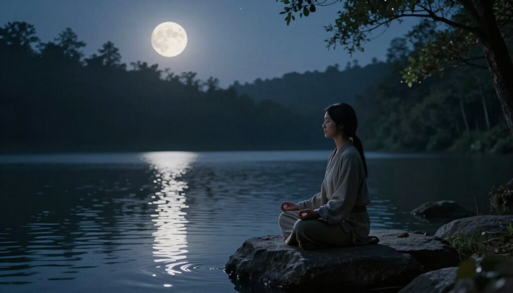 A serene moonlit scene depicting an individual meditating peacefully on a smooth, flat rock by a tranquil lake. In the foreground, a figure dressed in simple, modest clothing sits cross-legged, with a calm expression and hands resting on their knees. The middle ground features softly rippling water reflecting the bright, full moon and glowing stars, creating a sense of tranquility. The background reveals a dark forest silhouette, with gentle, silvery light filtering through the trees, enhancing the atmosphere. The scene is illuminated by soft, diffused moonlight casting gentle shadows, evoking a feeling of inner peace. The composition should be framed from a slightly elevated angle, allowing a panoramic view of the serene environment. A serene moonlit scene depicting an individual meditating peacefully on a smooth, flat rock by a tranquil lake. In the foreground, a figure dressed in simple, modest clothing sits cross-legged, with a calm expression and hands resting on their knees. The middle ground features softly rippling water reflecting the bright, full moon and glowing stars, creating a sense of tranquility. The background reveals a dark forest silhouette, with gentle, silvery light filtering through the trees, enhancing the atmosphere. The scene is illuminated by soft, diffused moonlight casting gentle shadows, evoking a feeling of inner peace. The composition should be framed from a slightly elevated angle, allowing a panoramic view of the serene environment.