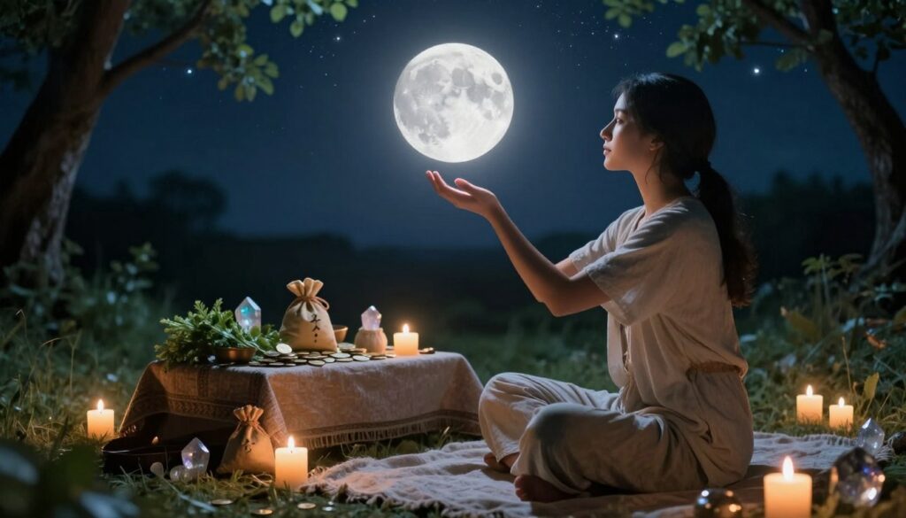 A serene moonlit scene depicting moon rituals for financial abundance. In the foreground, a practitioner dressed in modest, casual clothing sits cross-legged on a soft blanket, surrounded by flickering candles and shimmering crystals. The practitioner is focused, with hands outstretched toward a glowing full moon, its luminous light illuminating their face with a gentle glow. In the middle ground, an altar is adorned with fresh herbs, coins, and small pouches symbolizing wealth and prosperity. The background reveals a tranquil night sky filled with stars, framed by softly swaying trees. The ambiance is calm and mystical, with cool, soft lighting evoking a sense of peace and intention, capturing the essence of enhancing money manifestation through lunar energy.