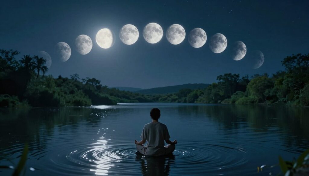 A serene moonlit scene depicting the influence of lunar rhythms on water balance in the human body. In the foreground, a tranquil figure in modest, casual attire meditates, surrounded by softly glowing water ripples reflecting the moon. In the middle, an ethereal representation of the moon phases arcs gracefully across the night sky, casting a gentle silvery light. The background features a serene landscape, with lush greenery and a calm lake mirroring the night sky, enhancing the interconnectedness of nature and water. The lighting is soft and ambient, creating a peaceful and introspective atmosphere. The composition is captured from a slightly elevated angle, emphasizing the tranquil landscape below while inviting viewers to reflect on the moon's influence. A serene moonlit scene depicting the influence of lunar rhythms on water balance in the human body. In the foreground, a tranquil figure in modest, casual attire meditates, surrounded by softly glowing water ripples reflecting the moon. In the middle, an ethereal representation of the moon phases arcs gracefully across the night sky, casting a gentle silvery light. The background features a serene landscape, with lush greenery and a calm lake mirroring the night sky, enhancing the interconnectedness of nature and water. The lighting is soft and ambient, creating a peaceful and introspective atmosphere. The composition is captured from a slightly elevated angle, emphasizing the tranquil landscape below while inviting viewers to reflect on the moon's influence.
