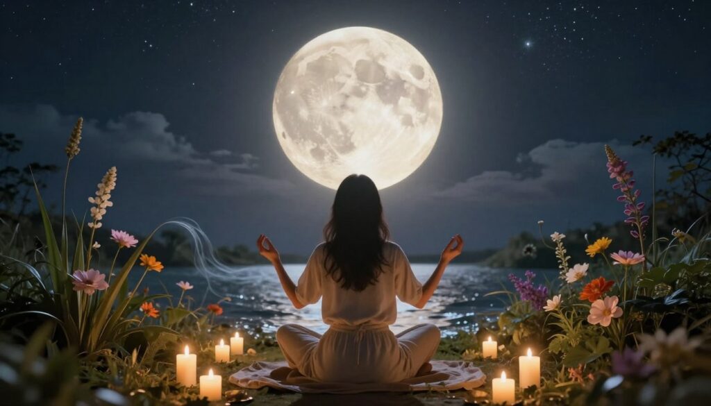 A serene moonlit scene depicting the lunar cycle's energy cleansing effects. In the foreground, a tranquil figure in modest casual clothing is seated cross-legged, surrounded by gentle white candles, with their hands raised in a meditative pose. The middle ground features a beautiful, luminous full moon casting a soft glow, illuminating delicate flowing water and vivid lunar flora that symbolize healing. The background presents a starry night sky with subtle clouds, enhancing the mystical atmosphere. Use warm, ethereal lighting to create a calming and peaceful mood, focusing on harmony and balance. The image should be captured in a slightly elevated angle to emphasize the connection between the lunar cycle and the figure's energy cleansing ritual.
