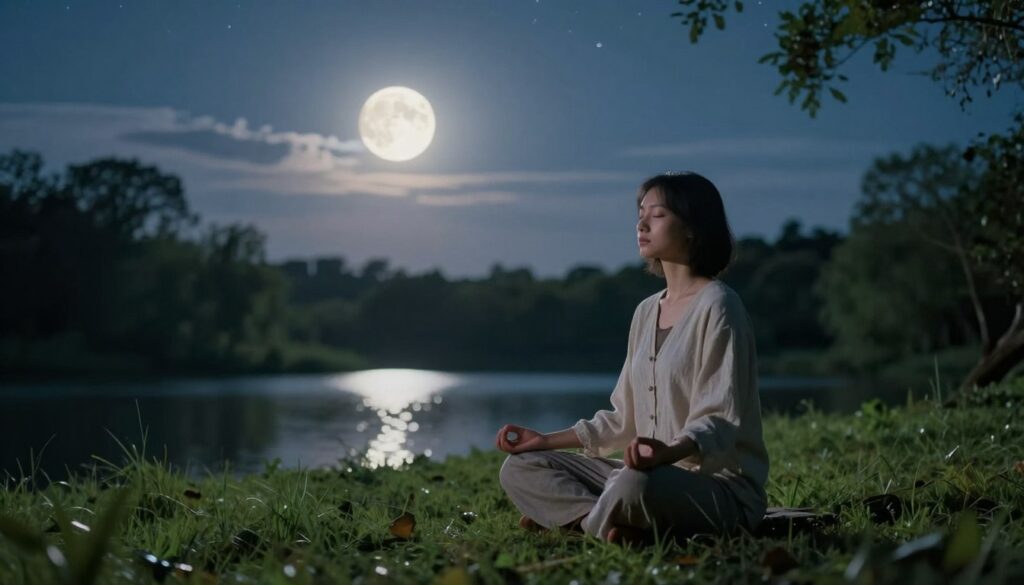 A serene moonlit scene featuring a person practicing meditation in a tranquil outdoor setting. In the foreground, a figure in modest casual clothing sits cross-legged on a soft patch of grass, with their eyes gently closed, embodying a sense of peace and focus. The middle ground reveals a softly glowing full moon casting silver light across the landscape, illuminating surrounding trees and a calm lake that reflects the moonlight. In the background, a starry sky enhances the atmosphere of calmness, with wispy clouds drifting lazily. Use soft, diffused lighting to create a serene mood, capturing the essence of evening tranquility and the spiritual connection to nature, as the camera angle showcases the meditative figure against the ethereal backdrop. A serene moonlit scene featuring a person practicing meditation in a tranquil outdoor setting. In the foreground, a figure in modest casual clothing sits cross-legged on a soft patch of grass, with their eyes gently closed, embodying a sense of peace and focus. The middle ground reveals a softly glowing full moon casting silver light across the landscape, illuminating surrounding trees and a calm lake that reflects the moonlight. In the background, a starry sky enhances the atmosphere of calmness, with wispy clouds drifting lazily. Use soft, diffused lighting to create a serene mood, capturing the essence of evening tranquility and the spiritual connection to nature, as the camera angle showcases the meditative figure against the ethereal backdrop.