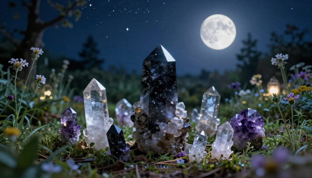 A serene moonlit scene featuring an array of sparkling crystals specifically chosen for boundary work, such as black tourmaline, amethyst, and clear quartz. In the foreground, the crystals glisten, showcasing their unique facets and colors under the soft glow of the full moon. The middle ground reveals a gentle, illuminated garden space, with lush greenery and delicate wildflowers surrounding the crystal arrangement. In the background, a clear night sky filled with twinkling stars enhances the tranquil atmosphere. The lighting is soft and ethereal, casting a calming blue hue across the scene. The overall mood is peaceful and mystical, inviting viewers to connect with the natural elements and harness the moon's energy. A serene moonlit scene featuring an array of sparkling crystals specifically chosen for boundary work, such as black tourmaline, amethyst, and clear quartz. In the foreground, the crystals glisten, showcasing their unique facets and colors under the soft glow of the full moon. The middle ground reveals a gentle, illuminated garden space, with lush greenery and delicate wildflowers surrounding the crystal arrangement. In the background, a clear night sky filled with twinkling stars enhances the tranquil atmosphere. The lighting is soft and ethereal, casting a calming blue hue across the scene. The overall mood is peaceful and mystical, inviting viewers to connect with the natural elements and harness the moon's energy.