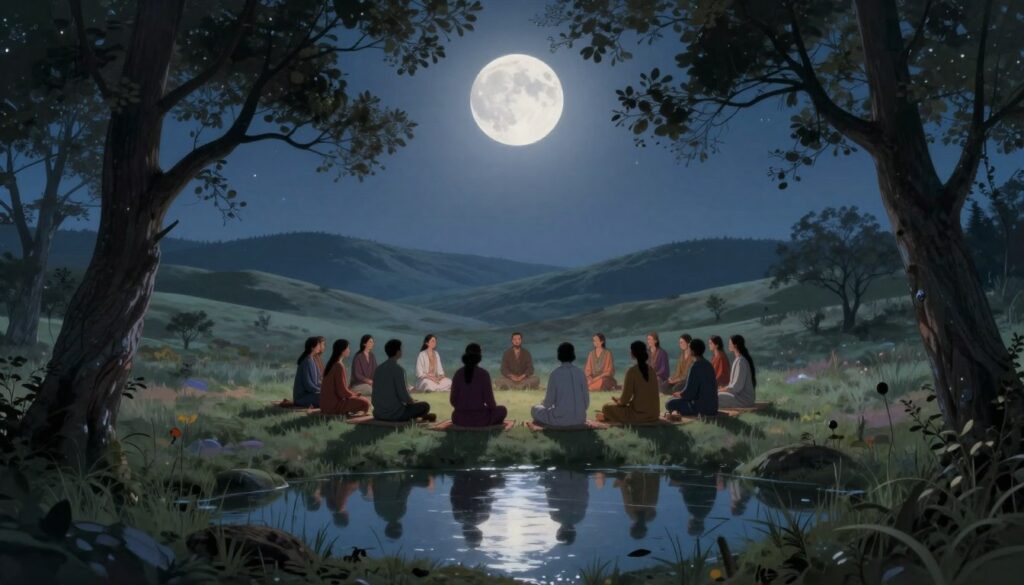 A serene, mystical landscape under a full moon, symbolizing spiritual connection. In the foreground, delicate silhouettes of ancient trees frame a tranquil pond that reflects the moonlight. In the middle ground, a circle of diverse individuals from various cultures, dressed in modest, colorful attire, engage in a peaceful gathering, sharing rituals and stories. The background features rolling hills that gently fade into a star-filled night sky, enhancing the atmosphere of cosmic unity. Soft, ethereal lighting casts a gentle glow over the scene, creating a sense of harmony and tranquility. The composition is shot from a slight elevation, allowing a panoramic view that emphasizes the collective experience beneath the captivating moon. The mood is contemplative and reverent, inviting viewers to ponder the moon's spiritual significance across cultures.