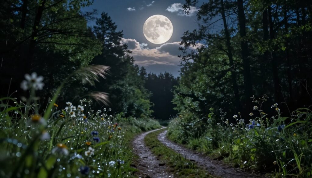 A serene nature walk under a radiant supermoon, casting soft, luminous light over a tranquil forest path. In the foreground, delicate wildflowers and lush greenery frame the trail, glistening with dew under the moonlight. The middle ground features a winding path flanked by tall trees, their silhouettes gently swaying in the night breeze. In the background, a luminous, detailed supermoon dominates the night sky, surrounded by scattered clouds, illuminating the scene with a mystical glow. The atmosphere is calm and introspective, inviting a sense of connection with nature. The lighting is soft and ethereal, creating a dreamlike quality. The angle is slightly elevated, capturing the depth of the forest and the grandeur of the moon overhead, evoking tranquility and inspiration. A serene nature walk under a radiant supermoon, casting soft, luminous light over a tranquil forest path. In the foreground, delicate wildflowers and lush greenery frame the trail, glistening with dew under the moonlight. The middle ground features a winding path flanked by tall trees, their silhouettes gently swaying in the night breeze. In the background, a luminous, detailed supermoon dominates the night sky, surrounded by scattered clouds, illuminating the scene with a mystical glow. The atmosphere is calm and introspective, inviting a sense of connection with nature. The lighting is soft and ethereal, creating a dreamlike quality. The angle is slightly elevated, capturing the depth of the forest and the grandeur of the moon overhead, evoking tranquility and inspiration.