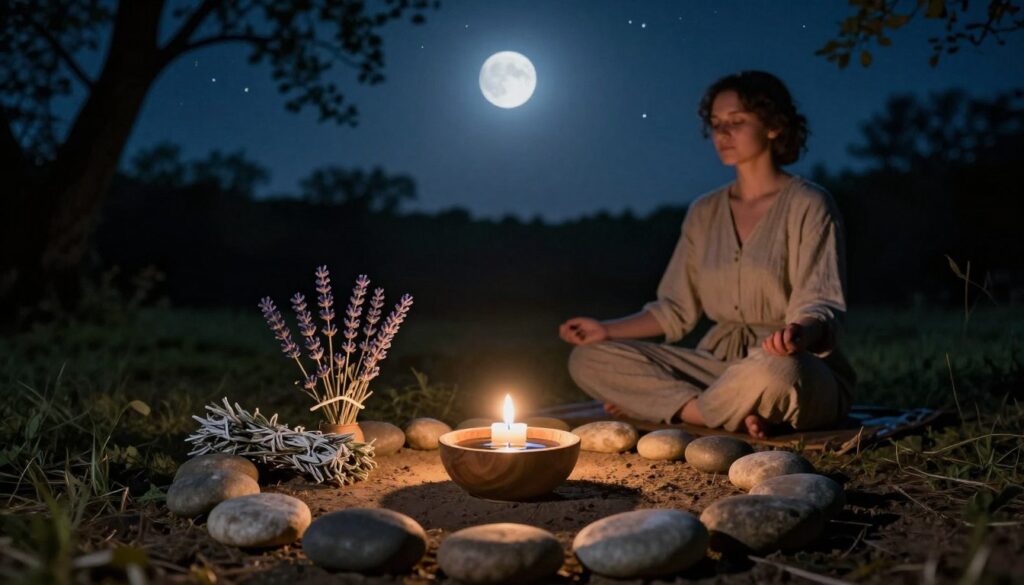 A serene new moon night scene, featuring a cozy outdoor ritual setting. In the foreground, a circular arrangement of smooth stones encircles a small, flickering candle, casting soft, warm light. Delicate branches of white sage and lavender are artfully placed nearby, with a small wooden bowl filled with water reflecting the moon's gentle glow. In the middle ground, an elegantly dressed individual in modest, casual clothing, peacefully meditating with hands resting on knees, radiates tranquility. The background reveals a clear night sky filled with stars, framed by silhouetted trees that create a sense of seclusion and connectedness to nature. The overall atmosphere is calm and introspective, conveying a feeling of fresh beginnings and the release of past negativity. A serene new moon night scene, featuring a cozy outdoor ritual setting. In the foreground, a circular arrangement of smooth stones encircles a small, flickering candle, casting soft, warm light. Delicate branches of white sage and lavender are artfully placed nearby, with a small wooden bowl filled with water reflecting the moon's gentle glow. In the middle ground, an elegantly dressed individual in modest, casual clothing, peacefully meditating with hands resting on knees, radiates tranquility. The background reveals a clear night sky filled with stars, framed by silhouetted trees that create a sense of seclusion and connectedness to nature. The overall atmosphere is calm and introspective, conveying a feeling of fresh beginnings and the release of past negativity.