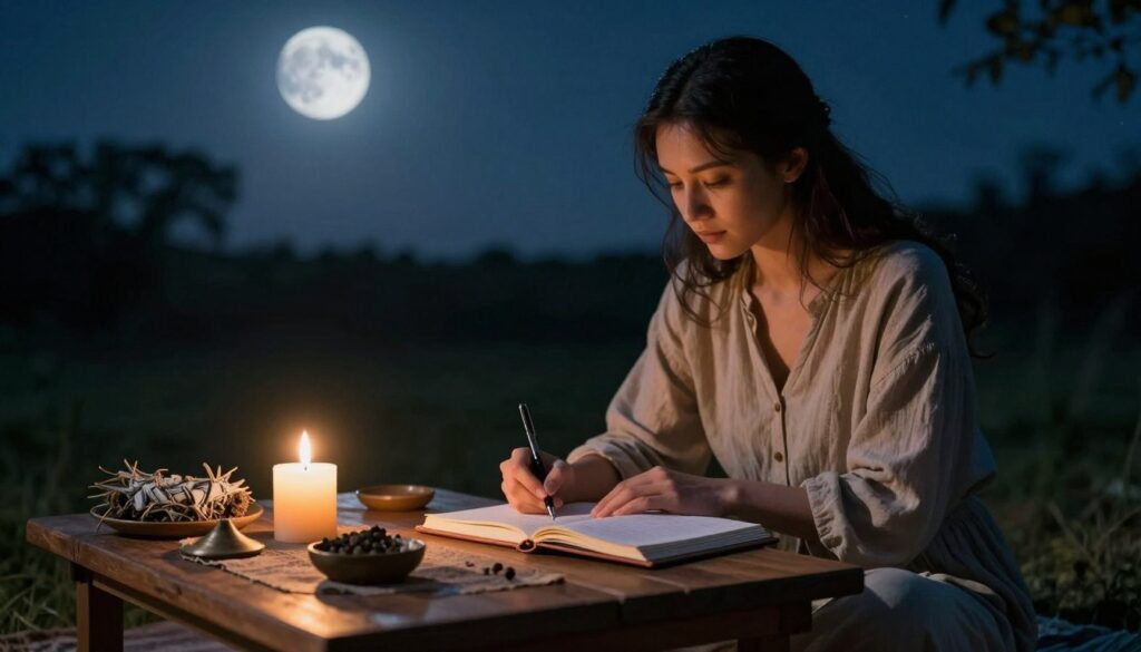 A serene new moon night scene focusing on a peaceful outdoor setting. In the foreground, a wooden table adorned with a beautifully arranged journal, a lit candle, and sage smudging tools, all set on a natural cloth. The middle layer showcases a woman in modest casual clothing, kneeling beside the table with a focused expression, writing in the journal with a pen. In the background, soft silhouettes of trees under a starry sky create a tranquil atmosphere, with the dark new moon subtly highlighted. The lighting is soft and ethereal, casting gentle shadows, evoking a sense of calm and intention setting. The overall mood is reflective, inviting viewers to connect with the idea of new beginnings and mindfulness.