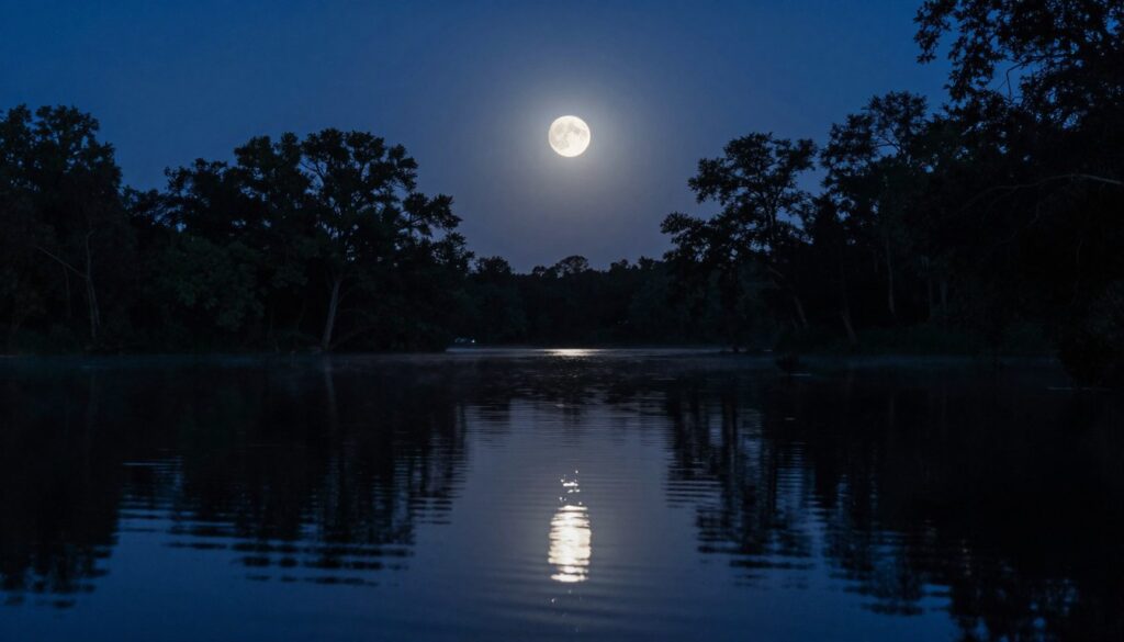 A serene new moon reflecting delicately on a still, glass-like lake at twilight. In the foreground, gentle ripples disturb the water's surface, capturing the moon's soft, silvery glow. The middle ground features dark silhouetted trees, their branches arching gracefully against the dim light. In the background, the night sky is deep indigo, speckled with a few twinkling stars, adding a touch of ethereal charm. The atmosphere is tranquil and contemplative, evoking a sense of peace and introspection. The scene is illuminated softly, highlighting the reflection while keeping shadows rich and deep. Use a wide-angle lens for an expansive view, and capture the scene from a low angle, enhancing the connection between the moon and its reflection. A serene new moon reflecting delicately on a still, glass-like lake at twilight. In the foreground, gentle ripples disturb the water's surface, capturing the moon's soft, silvery glow. The middle ground features dark silhouetted trees, their branches arching gracefully against the dim light. In the background, the night sky is deep indigo, speckled with a few twinkling stars, adding a touch of ethereal charm. The atmosphere is tranquil and contemplative, evoking a sense of peace and introspection. The scene is illuminated softly, highlighting the reflection while keeping shadows rich and deep. Use a wide-angle lens for an expansive view, and capture the scene from a low angle, enhancing the connection between the moon and its reflection.