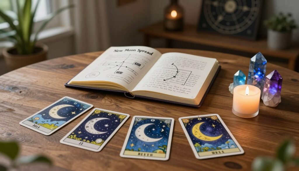 A serene new moon tarot spread guide layout displayed on a wooden table. In the foreground, there are five tarot cards arranged in a crescent shape, featuring intricate illustrations of the moon, stars, and zodiac signs. Next to the cards, place a small, glowing candle and crystals that reflect calming hues of blue and purple. In the middle ground, a neatly handwritten journal open to a page titled "New Moon Spread" with delicate sketches and notes about the spread's significance. The background is softly blurred, showcasing a cozy, dimly lit room with plants and astrological decor. The atmosphere should feel mystical and inviting, with soft, natural lighting that casts gentle shadows, enhancing the tranquil mood. A serene new moon tarot spread guide layout displayed on a wooden table. In the foreground, there are five tarot cards arranged in a crescent shape, featuring intricate illustrations of the moon, stars, and zodiac signs. Next to the cards, place a small, glowing candle and crystals that reflect calming hues of blue and purple. In the middle ground, a neatly handwritten journal open to a page titled "New Moon Spread" with delicate sketches and notes about the spread's significance. The background is softly blurred, showcasing a cozy, dimly lit room with plants and astrological decor. The atmosphere should feel mystical and inviting, with soft, natural lighting that casts gentle shadows, enhancing the tranquil mood.