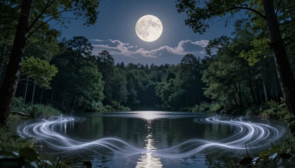 A serene night landscape features a luminous full moon casting a gentle glow over a tranquil forest. In the foreground, ethereal energy waves shimmer with silvery light, reflecting the moon’s radiance as they weave through tall, lush trees. The middle ground reveals a calm lake, its surface mirroring the moon and the energy effects, enhancing the celestial connection. The background showcases a starry sky, with delicate clouds softly illuminated by the moonlight. Use soft, diffused lighting to create a dreamlike atmosphere, emphasizing harmony and tranquility. A wide-angle perspective captures the expansive scene while maintaining focus on the moon and the energy effects, creating a visually captivating representation of the moon's positive influence on human behavior. A serene night landscape features a luminous full moon casting a gentle glow over a tranquil forest. In the foreground, ethereal energy waves shimmer with silvery light, reflecting the moon’s radiance as they weave through tall, lush trees. The middle ground reveals a calm lake, its surface mirroring the moon and the energy effects, enhancing the celestial connection. The background showcases a starry sky, with delicate clouds softly illuminated by the moonlight. Use soft, diffused lighting to create a dreamlike atmosphere, emphasizing harmony and tranquility. A wide-angle perspective captures the expansive scene while maintaining focus on the moon and the energy effects, creating a visually captivating representation of the moon's positive influence on human behavior.