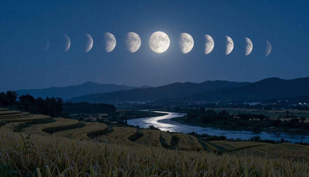 A serene night landscape featuring the lunar cycle at different phases, positioned prominently in the sky. In the foreground, gently rolling fields of crops catch the soft moonlight, illustrating the connection between the moon and agricultural practices. The middle ground includes a winding river, reflecting the moon's phases, while faint ripples illustrate tidal forces at work. The background showcases silhouetted mountains against a starry sky, creating a tranquil atmosphere. The lighting is soft, with a cool bluish hue dominating the scene, capturing the essence of nighttime. The composition is framed as if viewed through a wide-angle lens, emphasizing the grandeur of the moon and its gravitational influence on Earth. The overall mood is peaceful, contemplative, and natural, with no human presence in the image.