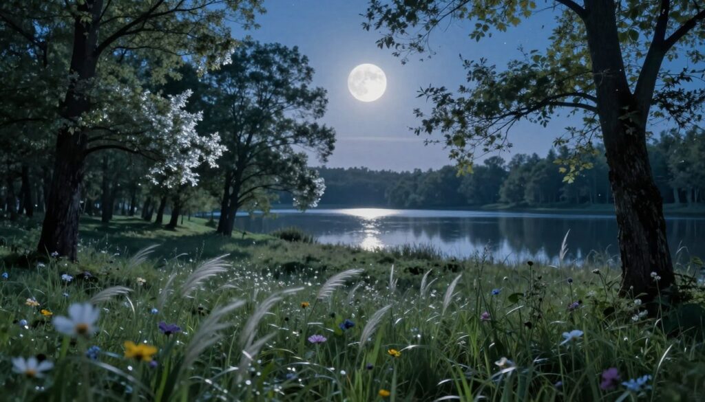 A serene night landscape illuminated by the soft glow of a First Quarter Moon, casting gentle light over a tranquil forest clearing. In the foreground, delicate wildflowers sway lightly in a soft breeze, adding a pop of color to the lush greenery. The middle ground features peaceful, gently rustling trees, their leaves shimmering with silver highlights from the moonlight. In the background, a tranquil lake reflects the moon's silhouette and the starry sky, creating a calm, reflective atmosphere. The scene is bathed in cool blue and soft white hues, evoking a sense of relaxation and clarity. The lighting is soft and diffused, enhancing the serene mood while capturing the essence of ideal rest and recovery during this lunar phase. The angle is slightly elevated, providing a broad view of the picturesque setting. A serene night landscape illuminated by the soft glow of a First Quarter Moon, casting gentle light over a tranquil forest clearing. In the foreground, delicate wildflowers sway lightly in a soft breeze, adding a pop of color to the lush greenery. The middle ground features peaceful, gently rustling trees, their leaves shimmering with silver highlights from the moonlight. In the background, a tranquil lake reflects the moon's silhouette and the starry sky, creating a calm, reflective atmosphere. The scene is bathed in cool blue and soft white hues, evoking a sense of relaxation and clarity. The lighting is soft and diffused, enhancing the serene mood while capturing the essence of ideal rest and recovery during this lunar phase. The angle is slightly elevated, providing a broad view of the picturesque setting.