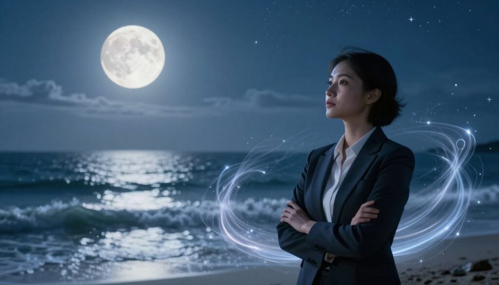 A serene night landscape illuminated by the soft glow of a full moon, casting a silvery light over a tranquil setting. In the foreground, a poised individual in professional attire stands with arms crossed, exuding confidence and calmness, their face softly reflecting a sense of emotional intelligence. The middle layer showcases gentle waves of lunar energy depicted as luminous, ethereal wisps swirling around them, symbolizing intuition and connection. In the background, a peaceful night sky filled with stars and faint clouds enhances the atmosphere, evoking a sense of wonder and introspection. The scene is bathed in cool blue and silver tones, with soft lighting creating an inviting, contemplative mood that emphasizes the harmony between lunar energy and emotional understanding. The angle is slightly elevated, offering a panoramic view of this impactful interplay.