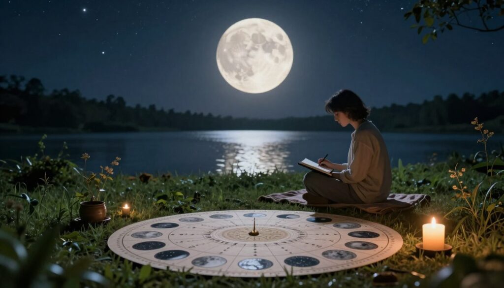 A serene night landscape showcasing the lunar cycle from new moon to full moon, set against a starry sky. In the foreground, an elegantly designed lunar calendar with phases illustrated, surrounded by gentle greenery and a flickering candle to symbolize intention setting. In the middle, a peaceful figure, dressed in modest casual clothing, is sitting cross-legged on a soft mat, journaling goals under the moonlight, radiating focus and tranquility. The background features a grand, luminous full moon casting a calming glow over a tranquil lake that reflects the moon's shimmering light. Soft shadows and warm light create a soothing atmosphere, encouraging a sense of connection with nature and personal aspirations. A serene night landscape showcasing the lunar cycle from new moon to full moon, set against a starry sky. In the foreground, an elegantly designed lunar calendar with phases illustrated, surrounded by gentle greenery and a flickering candle to symbolize intention setting. In the middle, a peaceful figure, dressed in modest casual clothing, is sitting cross-legged on a soft mat, journaling goals under the moonlight, radiating focus and tranquility. The background features a grand, luminous full moon casting a calming glow over a tranquil lake that reflects the moon's shimmering light. Soft shadows and warm light create a soothing atmosphere, encouraging a sense of connection with nature and personal aspirations.